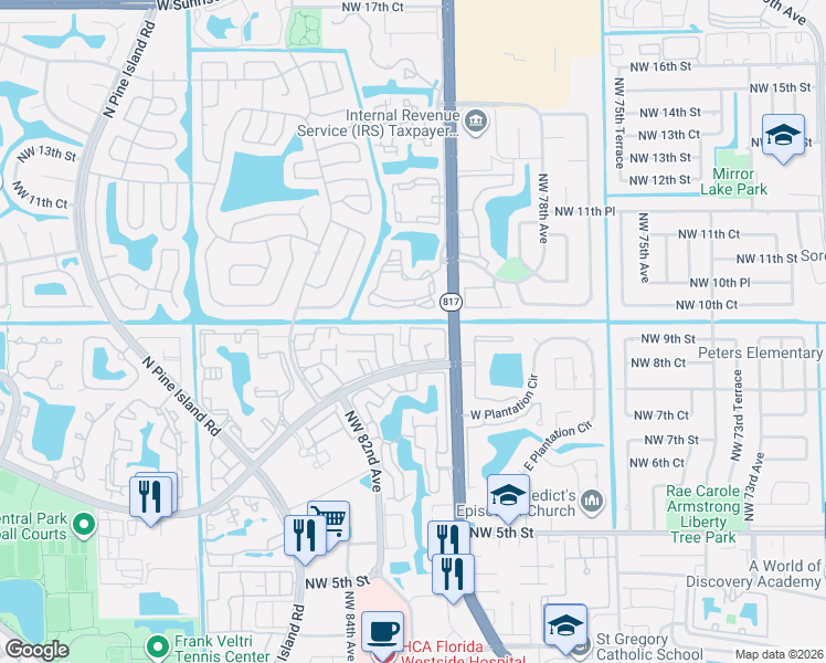 map of restaurants, bars, coffee shops, grocery stores, and more near 8070 Northwest 10th Street in Plantation