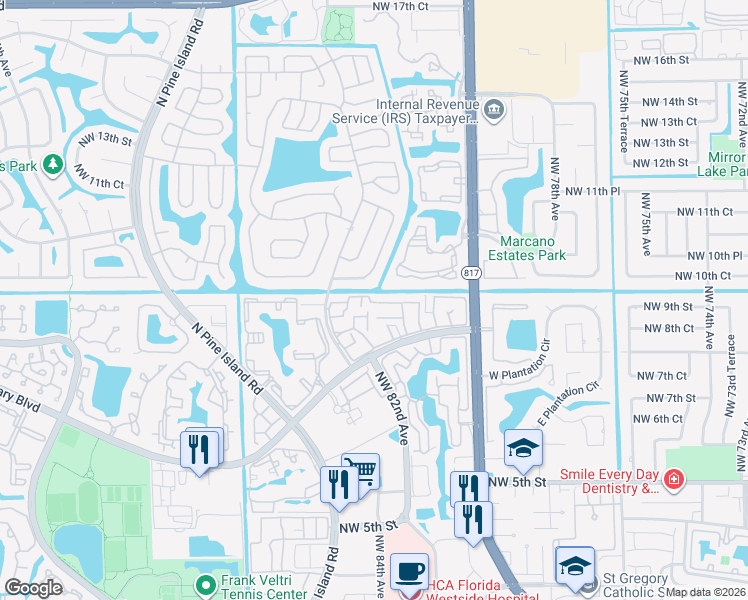 map of restaurants, bars, coffee shops, grocery stores, and more near 8142 Northwest 10th Street in Plantation