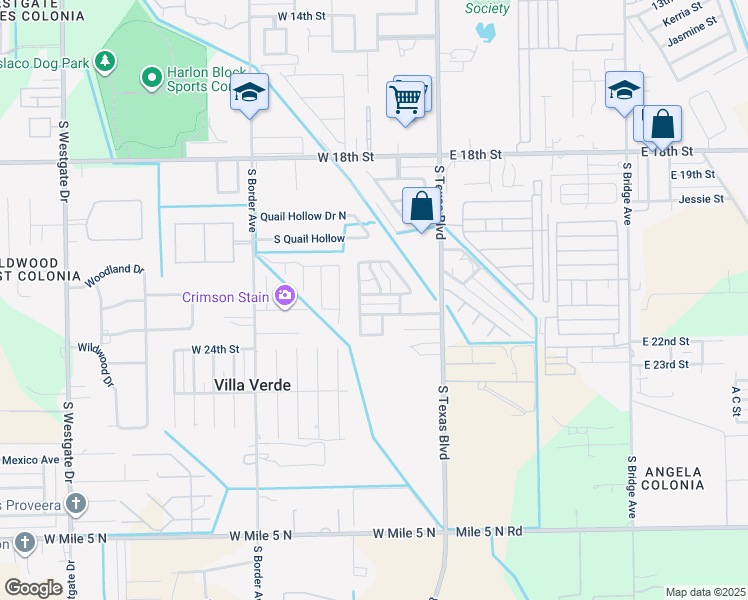 map of restaurants, bars, coffee shops, grocery stores, and more near 406 West Wimbledon Drive in Weslaco