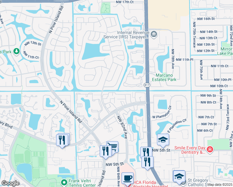 map of restaurants, bars, coffee shops, grocery stores, and more near 8142 Northwest 10th Street in Plantation