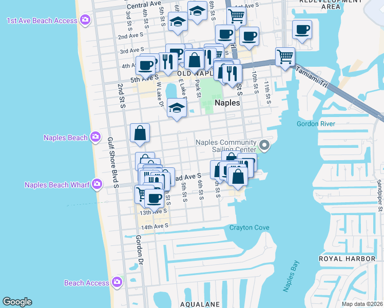 map of restaurants, bars, coffee shops, grocery stores, and more near 611 10th Avenue South in Naples