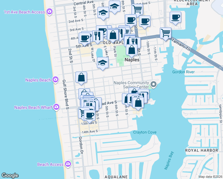 map of restaurants, bars, coffee shops, grocery stores, and more near 611 10th Avenue South in Naples