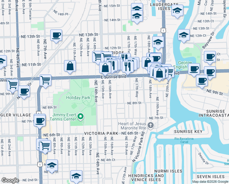 map of restaurants, bars, coffee shops, grocery stores, and more near 915 Northeast 16th Terrace in Fort Lauderdale