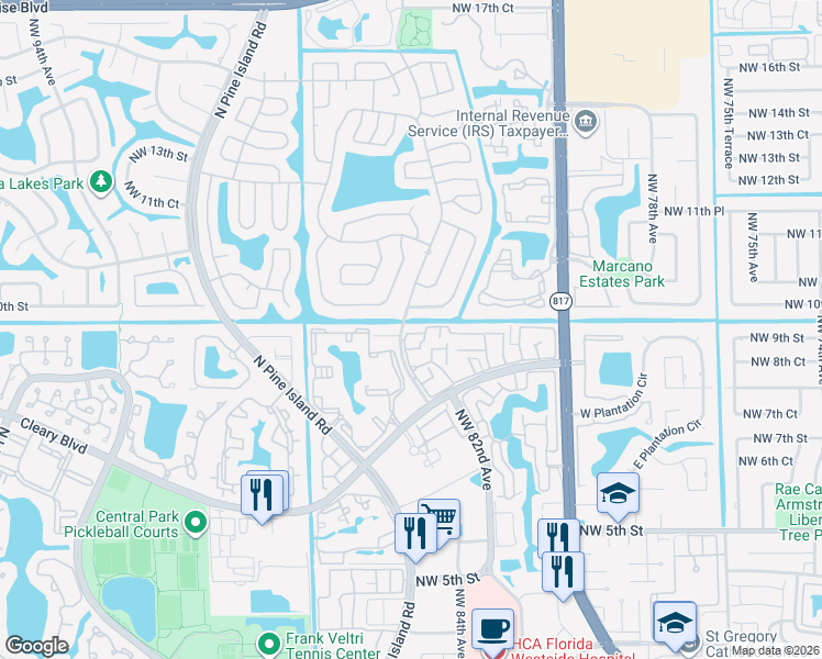 map of restaurants, bars, coffee shops, grocery stores, and more near 8532 Northwest 10th Street in Plantation