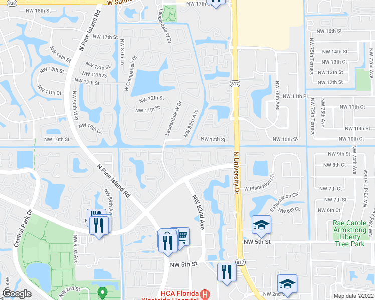 map of restaurants, bars, coffee shops, grocery stores, and more near 8142 Northwest 10th Street in Plantation