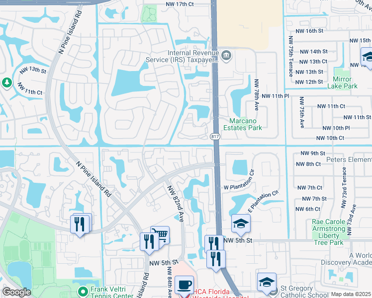map of restaurants, bars, coffee shops, grocery stores, and more near 8070 Northwest 10th Street in Plantation