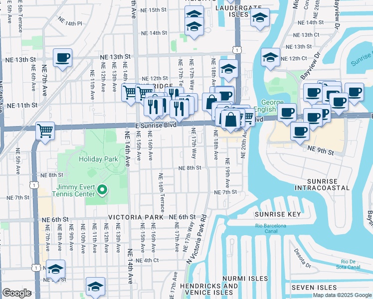 map of restaurants, bars, coffee shops, grocery stores, and more near 911 Northeast 17th Way in Fort Lauderdale