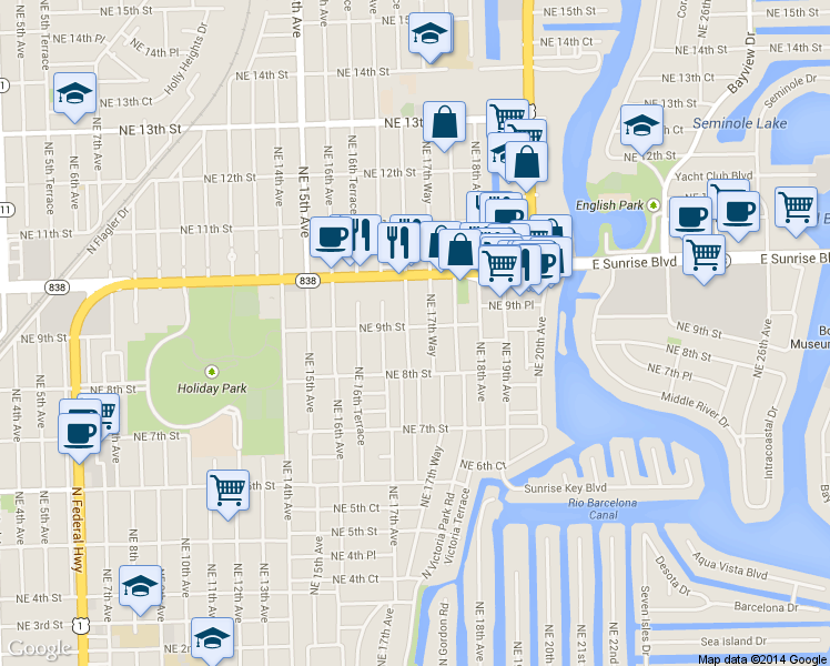 map of restaurants, bars, coffee shops, grocery stores, and more near 911 Northeast 17th Way in Fort Lauderdale