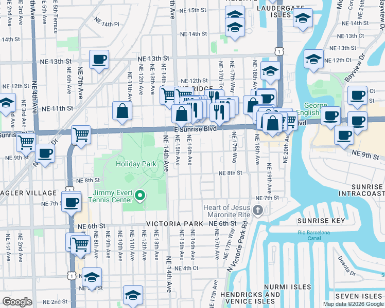 map of restaurants, bars, coffee shops, grocery stores, and more near 915 Northeast 16th Terrace in Fort Lauderdale