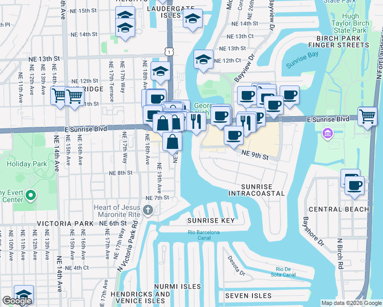 map of restaurants, bars, coffee shops, grocery stores, and more near 815 Middle River Drive in Fort Lauderdale