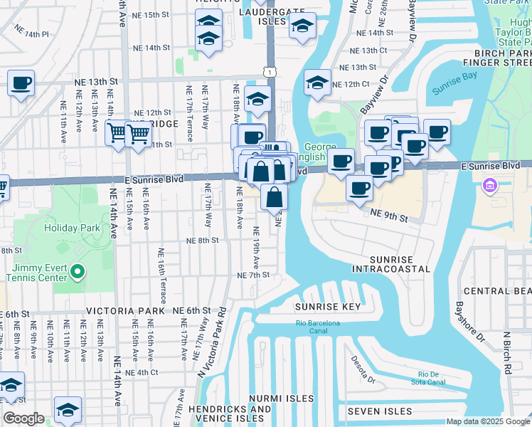 map of restaurants, bars, coffee shops, grocery stores, and more near 126 Northeast 19th Avenue in Fort Lauderdale