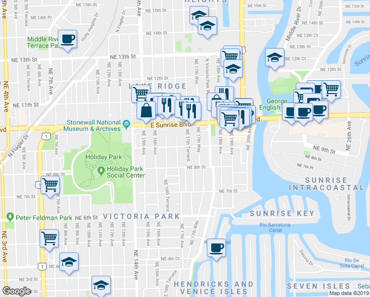 map of restaurants, bars, coffee shops, grocery stores, and more near 908 Northeast 17th Avenue in Fort Lauderdale