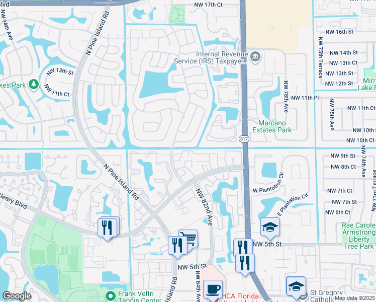map of restaurants, bars, coffee shops, grocery stores, and more near 8432 Northwest 10th Street in Plantation