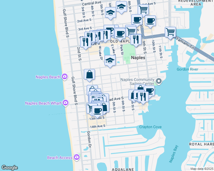 map of restaurants, bars, coffee shops, grocery stores, and more near 525 10th Avenue South in Naples