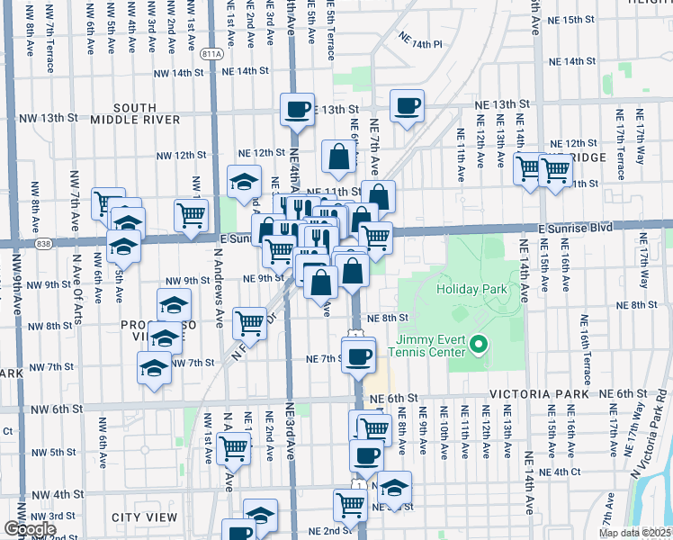 map of restaurants, bars, coffee shops, grocery stores, and more near 901 North Federal Highway in Fort Lauderdale