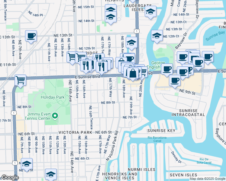 map of restaurants, bars, coffee shops, grocery stores, and more near 911 Northeast 17th Way in Fort Lauderdale