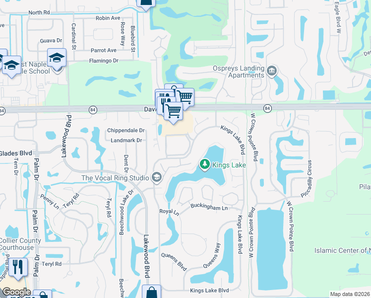 map of restaurants, bars, coffee shops, grocery stores, and more near 1704 Kings Lake Boulevard in Naples
