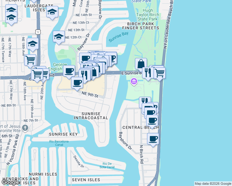 map of restaurants, bars, coffee shops, grocery stores, and more near 936 Intracoastal Drive in Fort Lauderdale