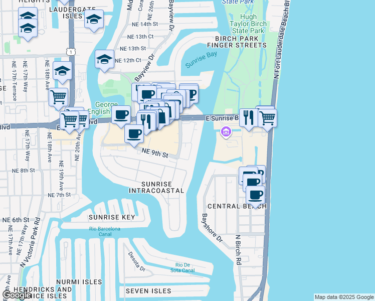 map of restaurants, bars, coffee shops, grocery stores, and more near 935 Intracoastal Drive in Fort Lauderdale