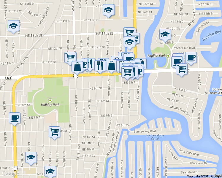 map of restaurants, bars, coffee shops, grocery stores, and more near 911 Northeast 17th Way in Fort Lauderdale