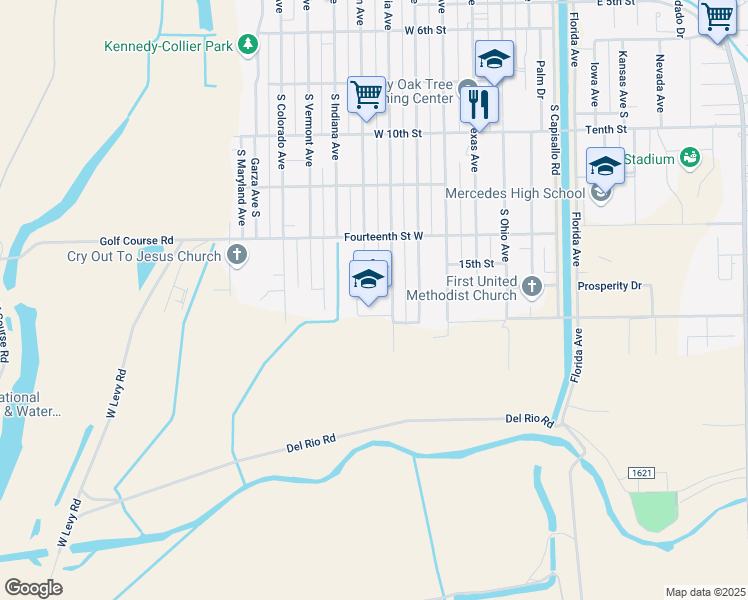 map of restaurants, bars, coffee shops, grocery stores, and more near 1551 South Georgia Avenue in Mercedes