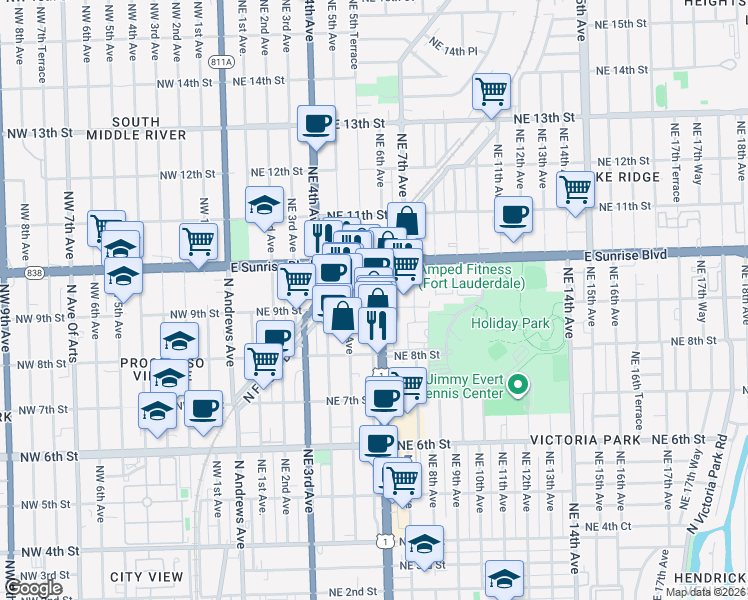 map of restaurants, bars, coffee shops, grocery stores, and more near 913 North Federal Highway in Fort Lauderdale