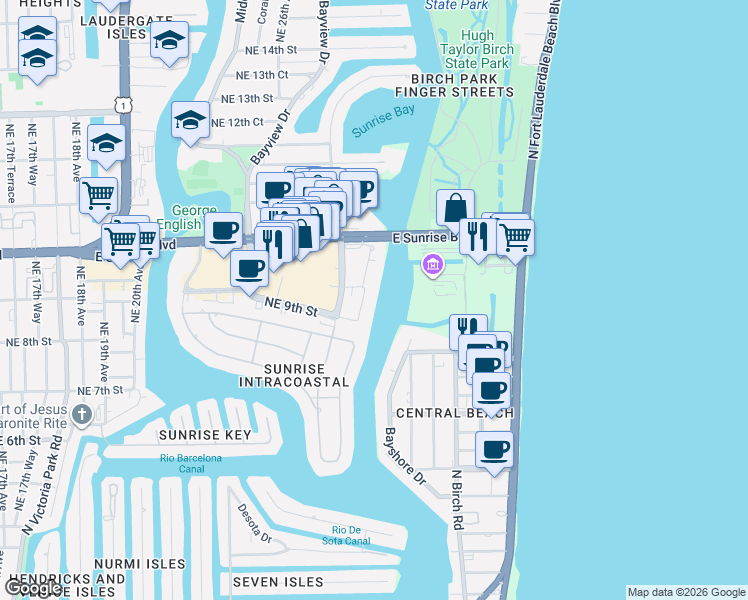 map of restaurants, bars, coffee shops, grocery stores, and more near 936 Intracoastal Drive in Fort Lauderdale