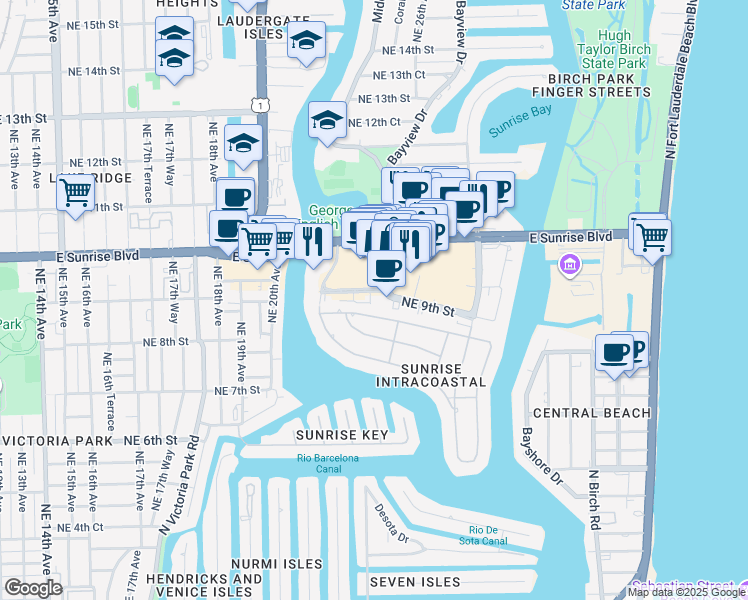 map of restaurants, bars, coffee shops, grocery stores, and more near 2352 Northeast 9th Street in Fort Lauderdale