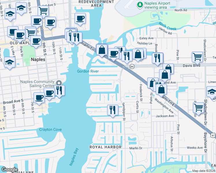 map of restaurants, bars, coffee shops, grocery stores, and more near 1521 Pelican Avenue in Naples