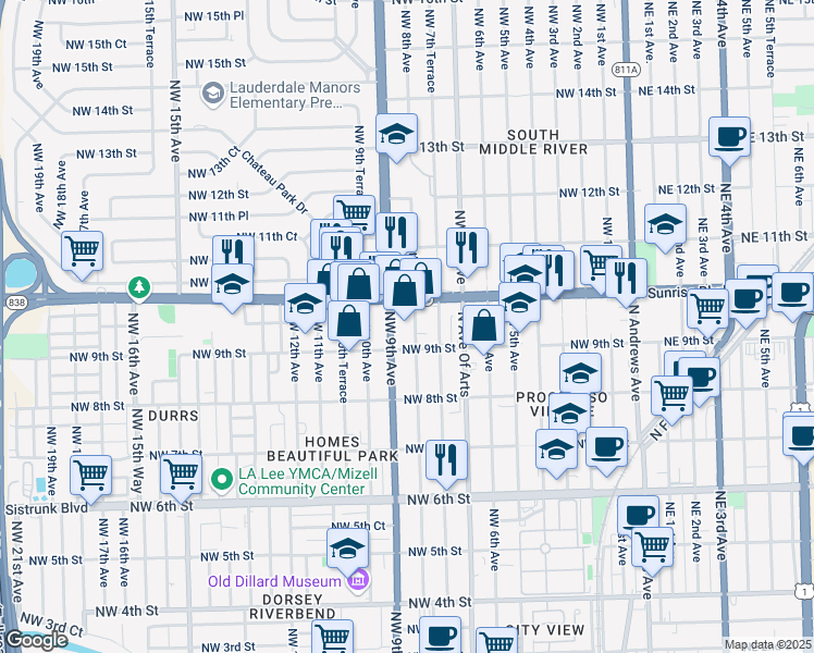 map of restaurants, bars, coffee shops, grocery stores, and more near 770 West Sunrise Boulevard in Fort Lauderdale