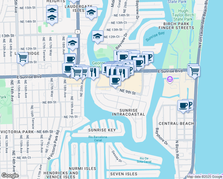 map of restaurants, bars, coffee shops, grocery stores, and more near 2352 Northeast 9th Street in Fort Lauderdale