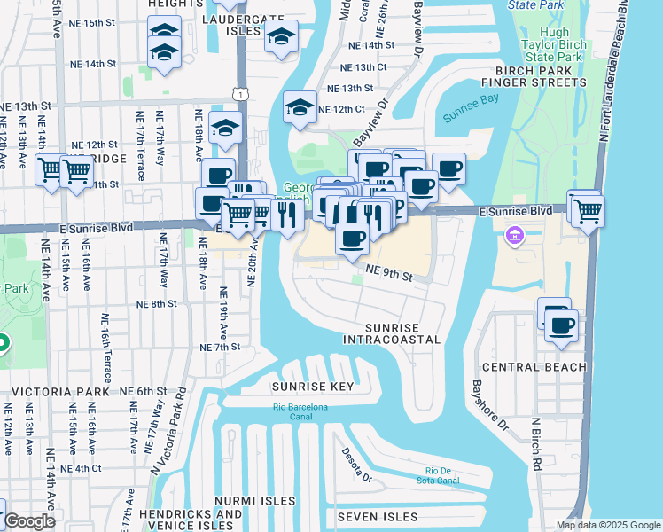 map of restaurants, bars, coffee shops, grocery stores, and more near 2328 Northeast 9th Street in Fort Lauderdale