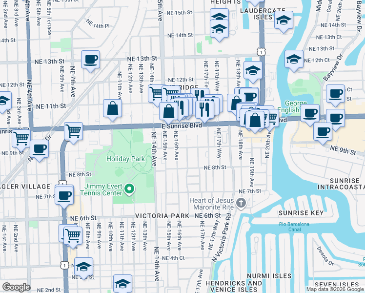 map of restaurants, bars, coffee shops, grocery stores, and more near 915 Northeast 16th Terrace in Fort Lauderdale