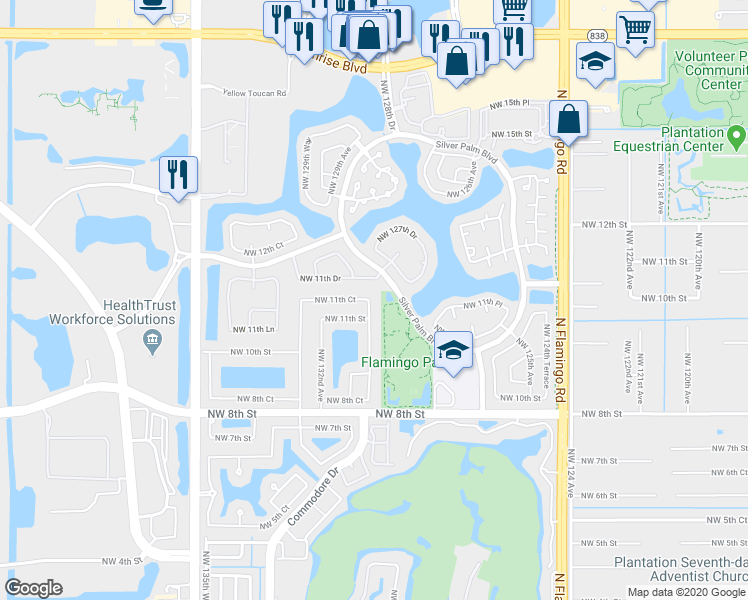 map of restaurants, bars, coffee shops, grocery stores, and more near 13100 Northwest 11th Drive in Sunrise