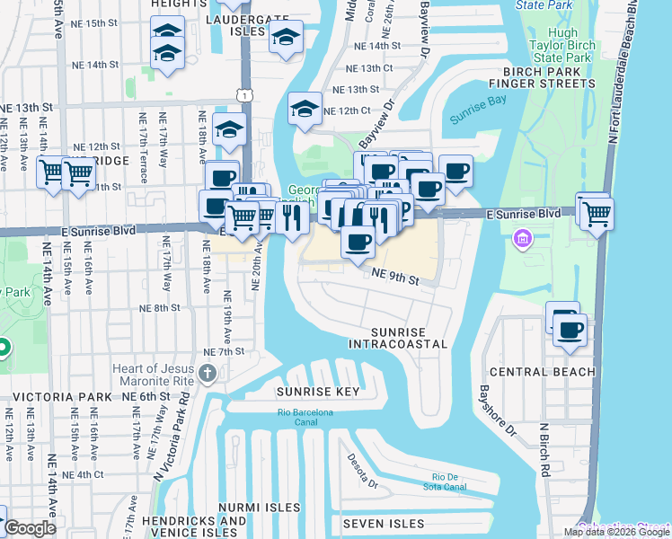 map of restaurants, bars, coffee shops, grocery stores, and more near 2328 Northeast 9th Street in Fort Lauderdale