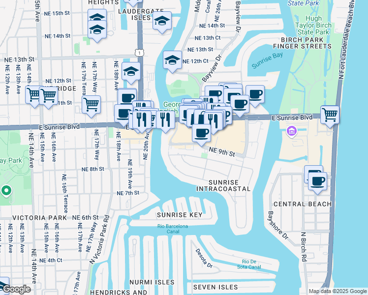 map of restaurants, bars, coffee shops, grocery stores, and more near 2328 Northeast 9th Street in Fort Lauderdale