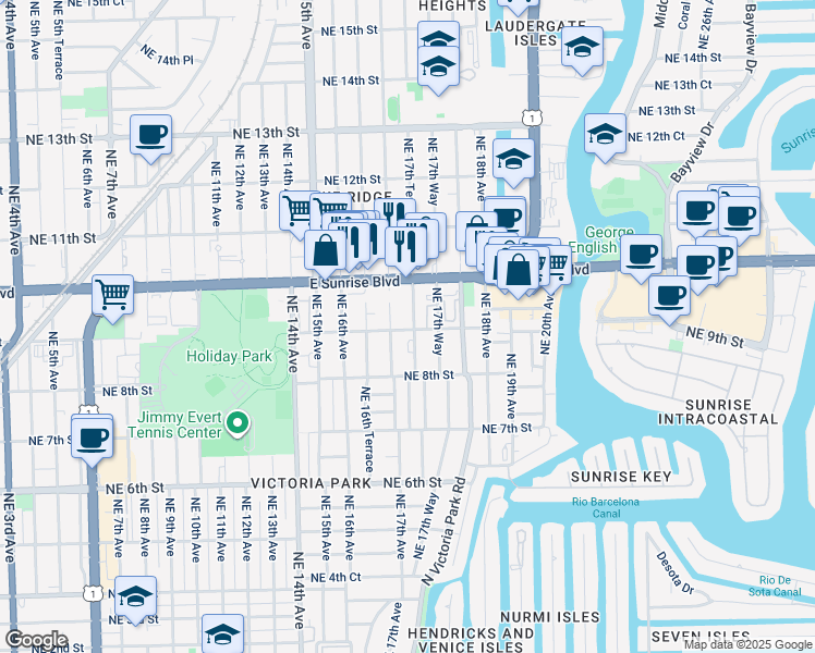 map of restaurants, bars, coffee shops, grocery stores, and more near 1721 Northeast 9th Street in Fort Lauderdale