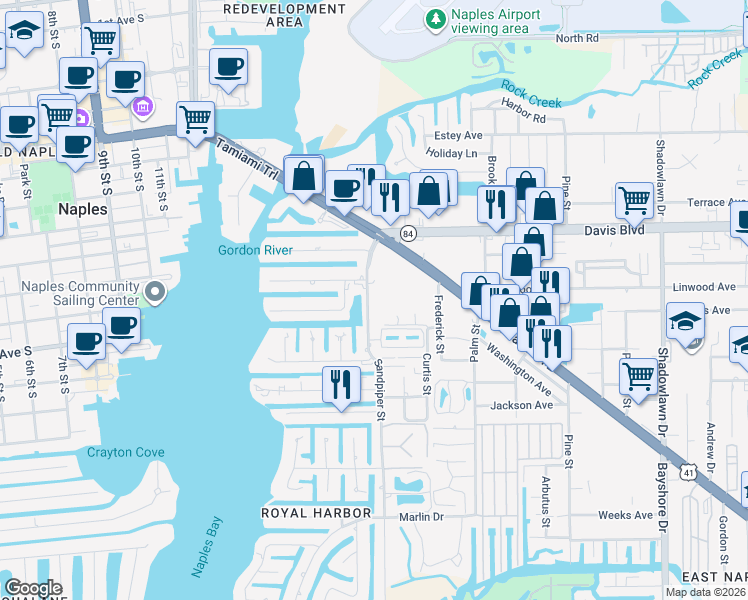 map of restaurants, bars, coffee shops, grocery stores, and more near 965 Sandpiper Street in Naples