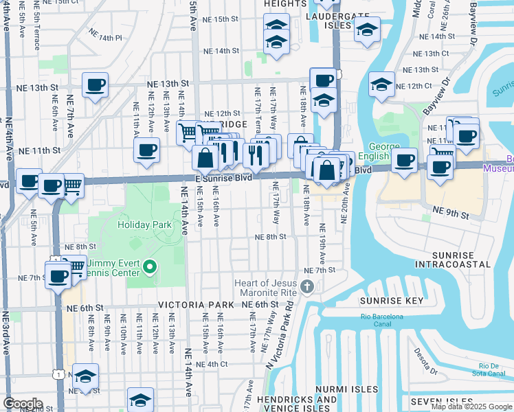 map of restaurants, bars, coffee shops, grocery stores, and more near 908 Northeast 17th Avenue in Fort Lauderdale