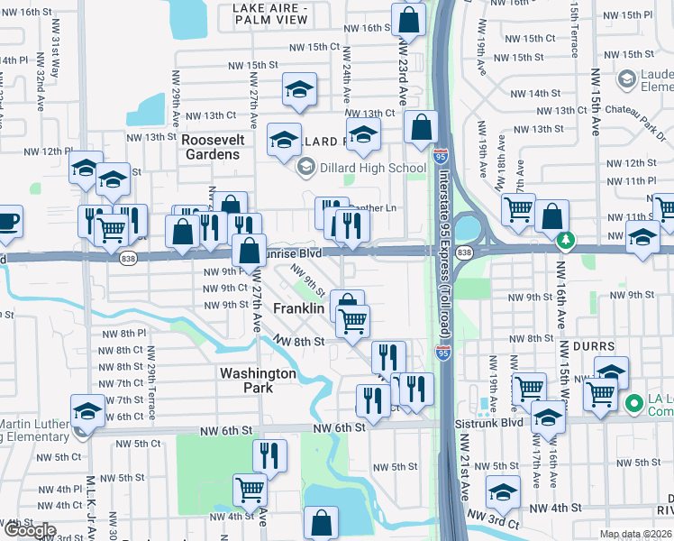 map of restaurants, bars, coffee shops, grocery stores, and more near 3070 Northwest 7th Street in Pompano Beach