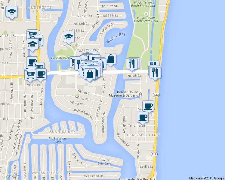 map of restaurants, bars, coffee shops, grocery stores, and more near 936 Intracoastal Drive in Fort Lauderdale
