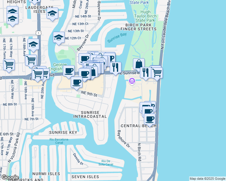 map of restaurants, bars, coffee shops, grocery stores, and more near 936 Intracoastal Drive in Fort Lauderdale