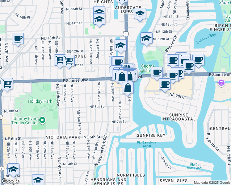 map of restaurants, bars, coffee shops, grocery stores, and more near 126 Northeast 19th Avenue in Fort Lauderdale