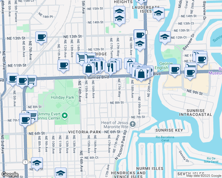 map of restaurants, bars, coffee shops, grocery stores, and more near 908 Northeast 17th Avenue in Fort Lauderdale