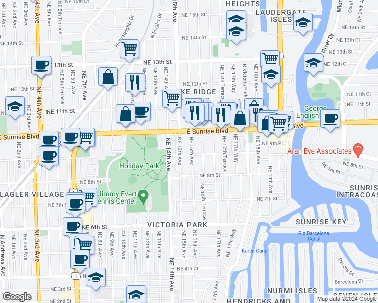 map of restaurants, bars, coffee shops, grocery stores, and more near 912-918 Northeast 15th Avenue in Fort Lauderdale