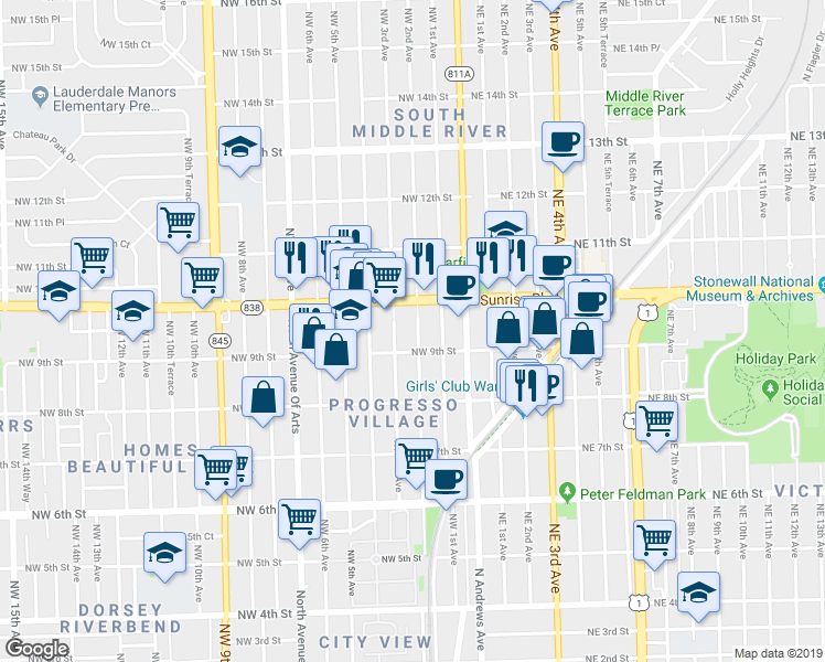 map of restaurants, bars, coffee shops, grocery stores, and more near 925 Northwest 2nd Avenue in Fort Lauderdale