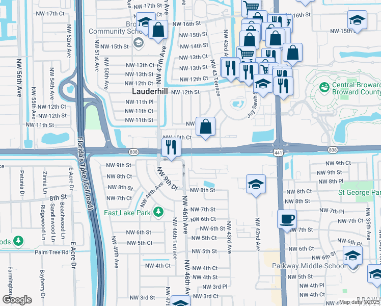 map of restaurants, bars, coffee shops, grocery stores, and more near 4441-4499 West Sunrise Boulevard in Plantation