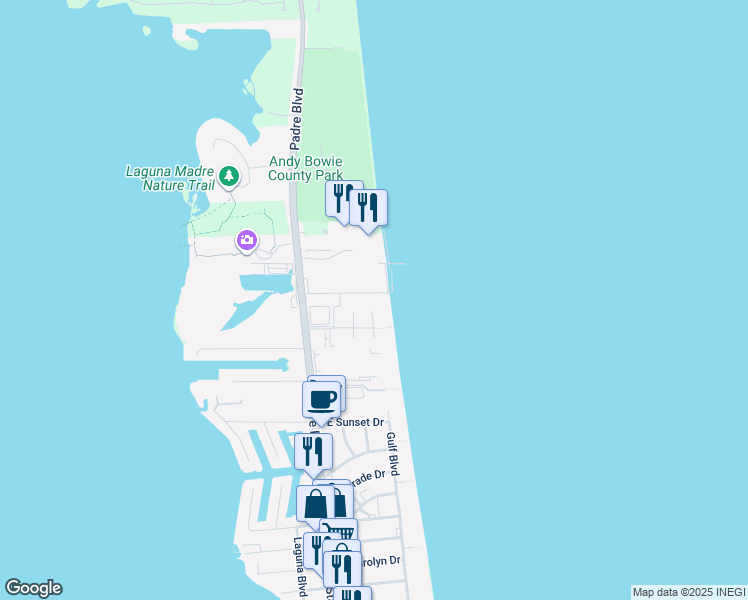 map of restaurants, bars, coffee shops, grocery stores, and more near 129-143 White Sands Street in South Padre Island