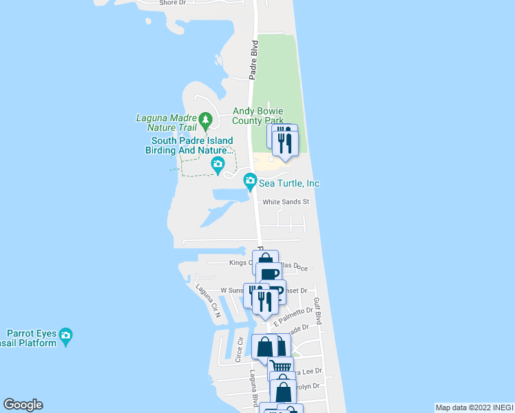 map of restaurants, bars, coffee shops, grocery stores, and more near 6608 Padre Boulevard in South Padre Island