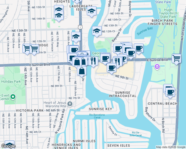 map of restaurants, bars, coffee shops, grocery stores, and more near 815 Middle River Drive in Fort Lauderdale